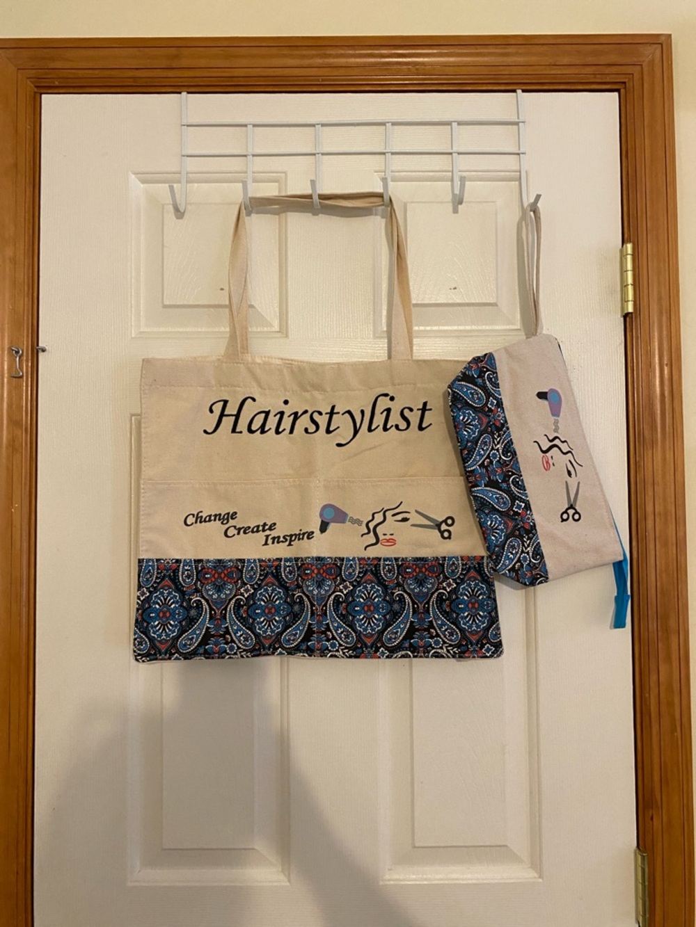 Hairstylist Canvas Tote Bag with Paisley Trim - Beige and Blue - Picture 2 of 5